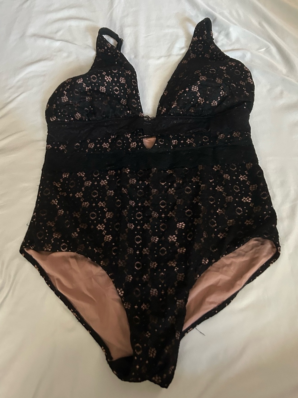 Source Unknown Black Lace One-Piece Swimsuit with Blush Lining